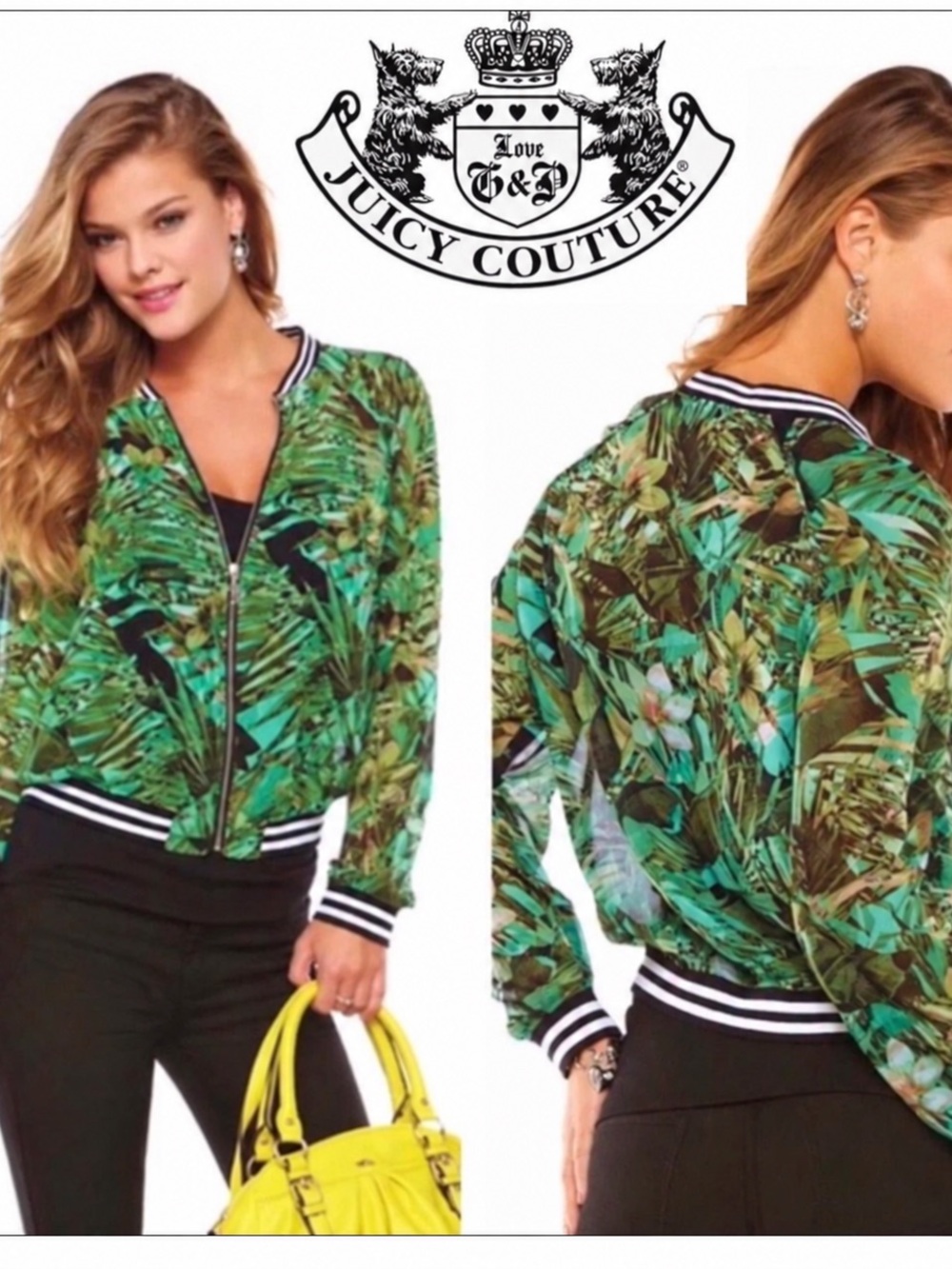 Juicy Couture Green Tropical-Print Bomber Jacket